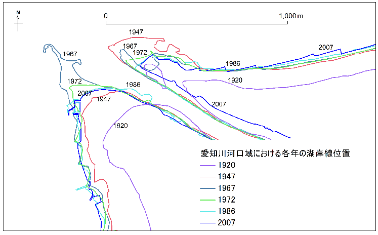 図2　過去の地形図および空中写真から読み取った湖岸線